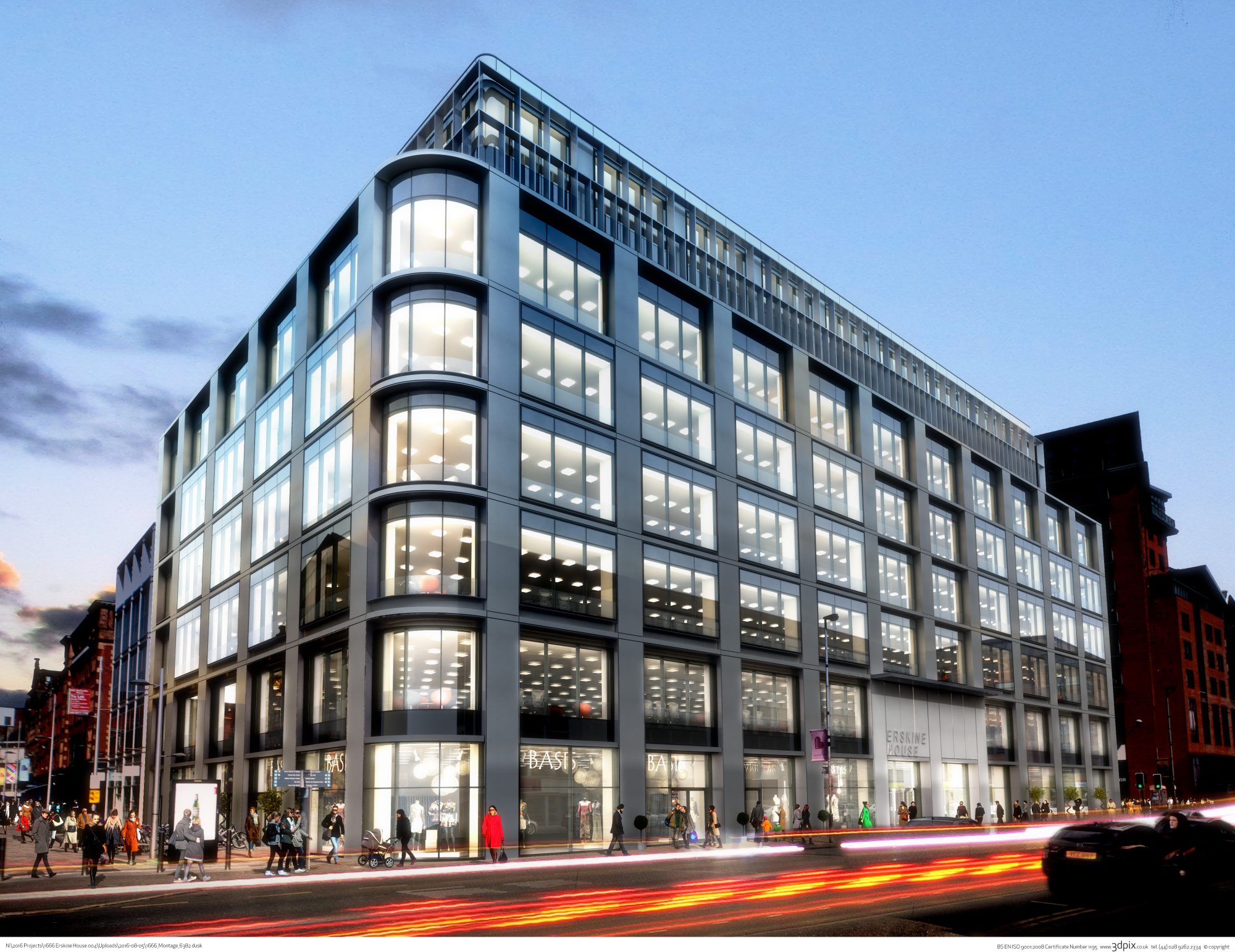 Image mock up of the exterior of a large scale building with cars and people outside of the building.